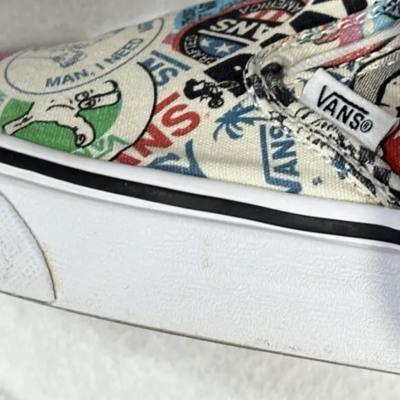 VANS Sticker Mash Up All Over Print Slip On Sneakers Shoes Women's 10.5/ Men's 9