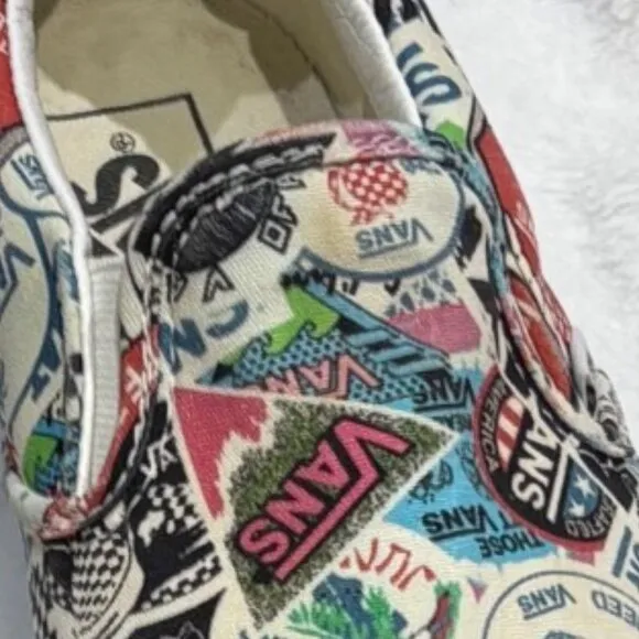 VANS Sticker Mash Up All Over Print Slip On Sneakers Shoes Women's 10.5/ Men's 9