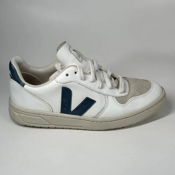 Veja Shoes Women Size 7 V-10 CWL California White Blue Logo Leather Sneakers