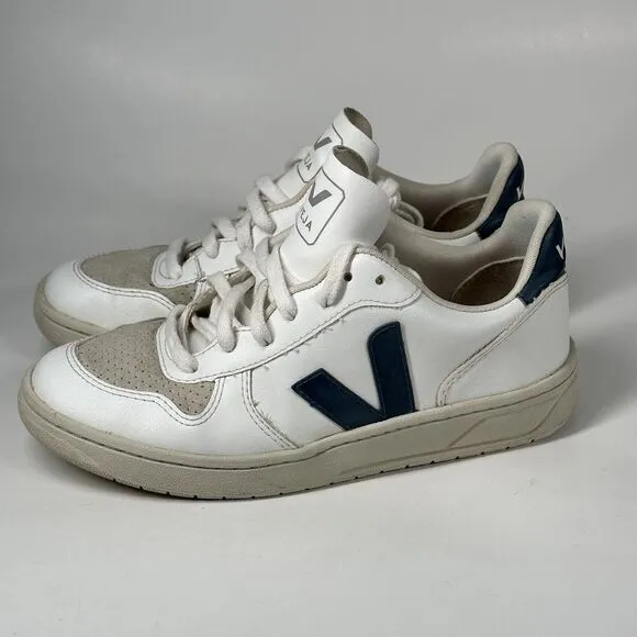 Veja Shoes Women Size 7 V-10 CWL California White Blue Logo Leather Sneakers
