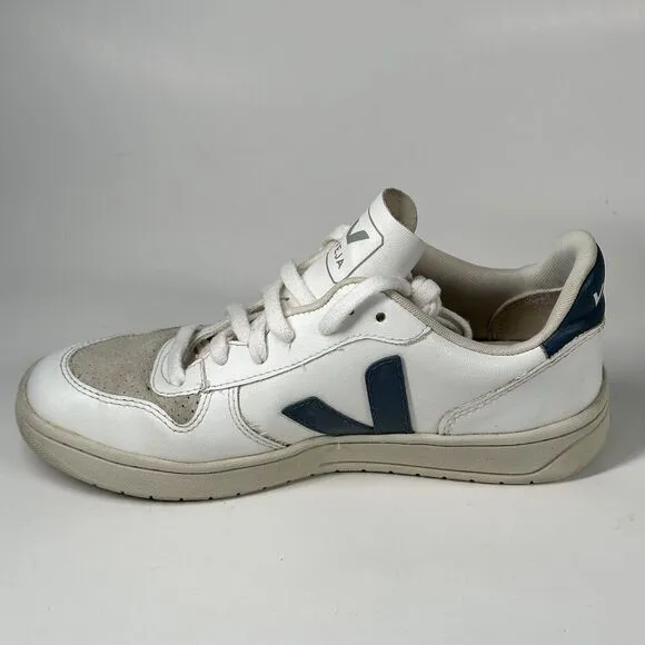 Veja Shoes Women Size 7 V-10 CWL California White Blue Logo Leather Sneakers