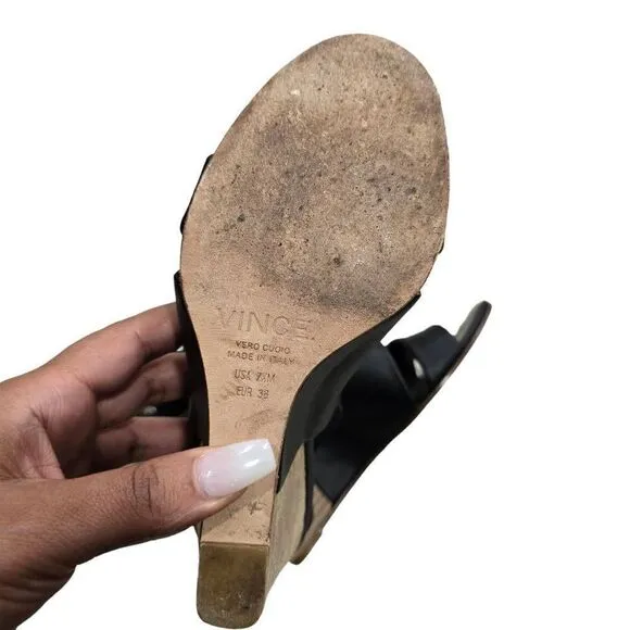 Vince Wedge Sandal Women's Black Size 7 Open Toe Double Band Outdoor