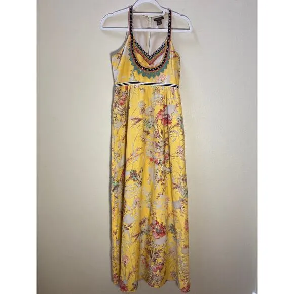 Vineet Bahl Anthropologie Yellow Floral Embroidery Maxi Dress ~ Sz 0 ~ LOVE!