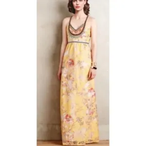 Vineet Bahl Anthropologie Yellow Floral Embroidery Maxi Dress ~ Sz 0 ~ LOVE!