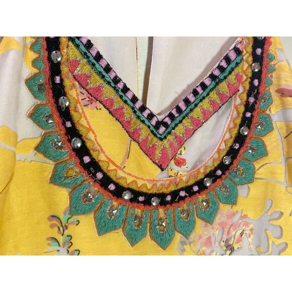 Vineet Bahl Anthropologie Yellow Floral Embroidery Maxi Dress ~ Sz 0 ~ LOVE!