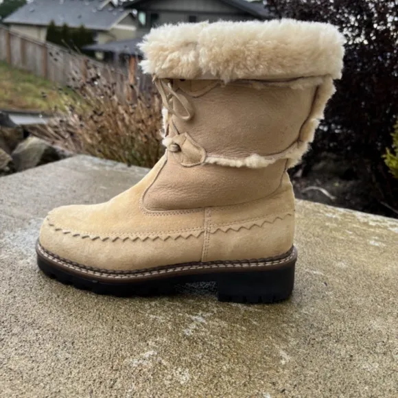 Vintage Blonde Suede Boots Genuine Shearling Lined Waterproof Tan Women …