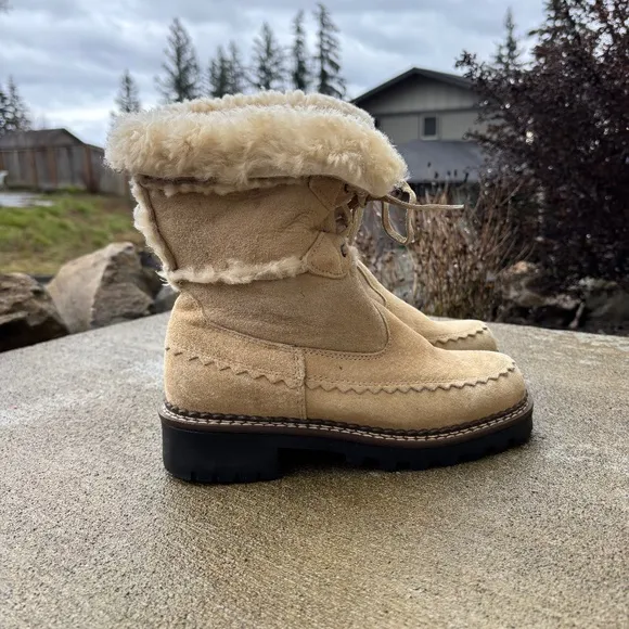 Vintage Blonde Suede Boots Genuine Shearling Lined Waterproof Tan Women …