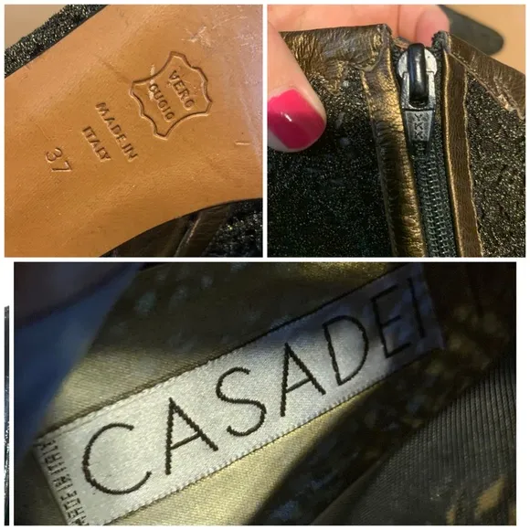 VINTAGE CASADEI BLACK AND GOLD WOVEN MESH &amp; LEATHER BOOTIES (7)