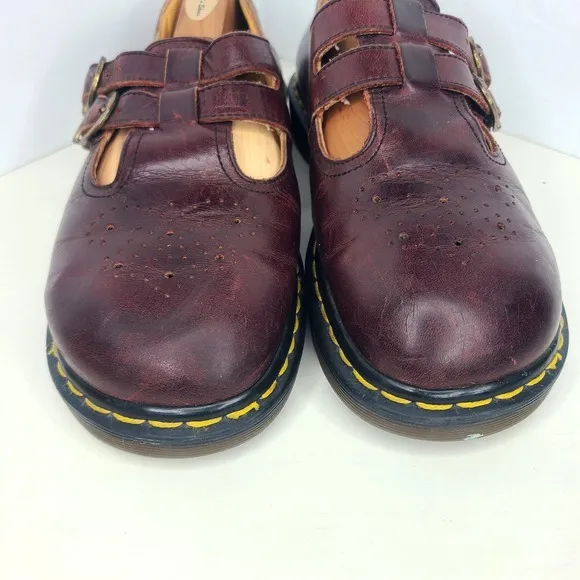 Vtg Dr Martens MADE IN ENGLAND Mary Jane Double Buckle Shoes‎ Burgandy Sz US 9