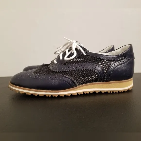 WALTER GENUIN BROGUE GOLF SHOES LEATHER NAVY BLUE MESH SPIKELESS ATHLETIC SPORTY