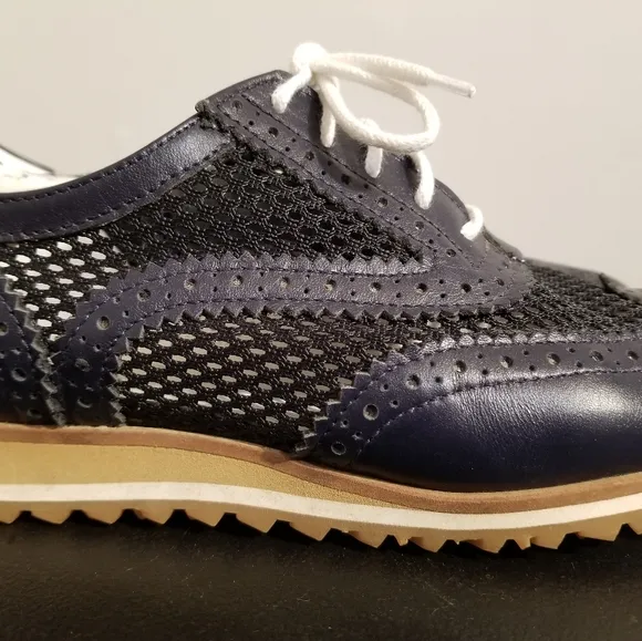 WALTER GENUIN BROGUE GOLF SHOES LEATHER NAVY BLUE MESH SPIKELESS ATHLETIC SPORTY