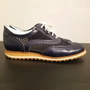 WALTER GENUIN BROGUE GOLF SHOES LEATHER NAVY BLUE MESH SPIKELESS ATHLETIC SPORTY