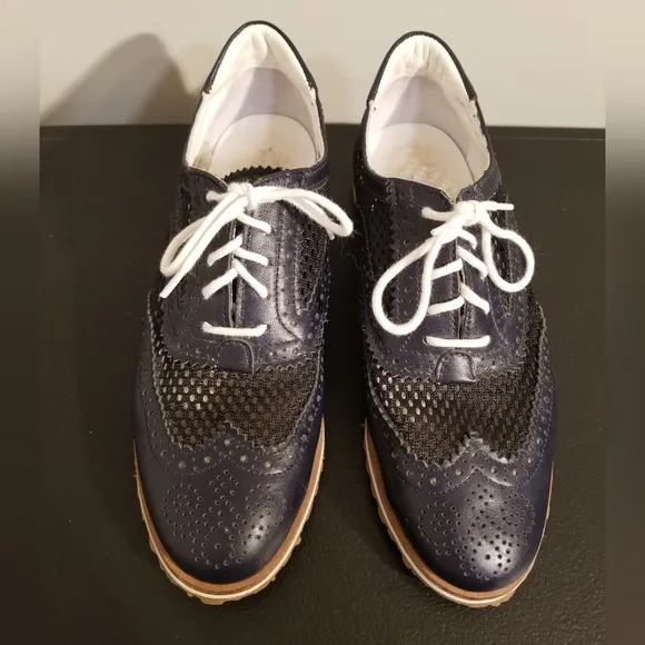 WALTER GENUIN BROGUE GOLF SHOES LEATHER NAVY BLUE MESH SPIKELESS ATHLETIC SPORTY