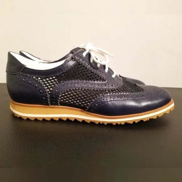 WALTER GENUIN BROGUE GOLF SHOES LEATHER NAVY BLUE MESH SPIKELESS ATHLETIC SPORTY