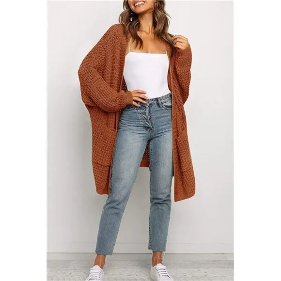 Women's Oversized Long Batwing Sleeve Cardigan Waffle Knit Sweater Coat Caramel