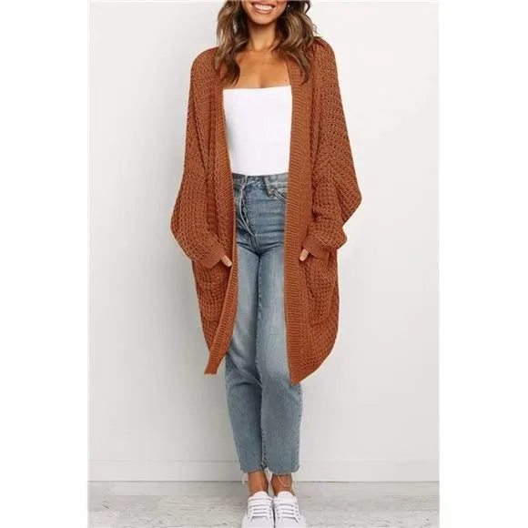 Women's Oversized Long Batwing Sleeve Cardigan Waffle Knit Sweater Coat Caramel