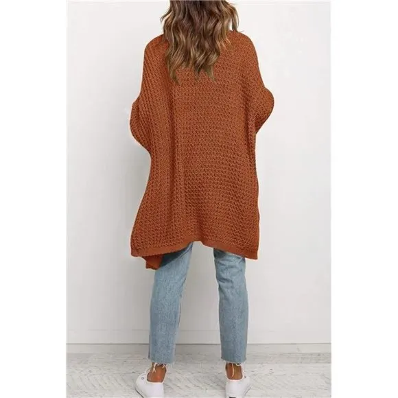 Women's Oversized Long Batwing Sleeve Cardigan Waffle Knit Sweater Coat Caramel