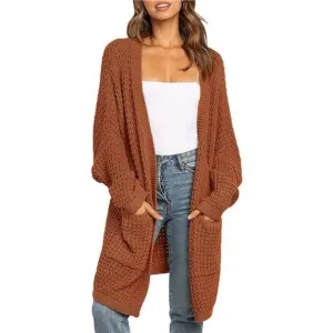 Women's Oversized Long Batwing Sleeve Cardigan Waffle Knit Sweater Coat Caramel