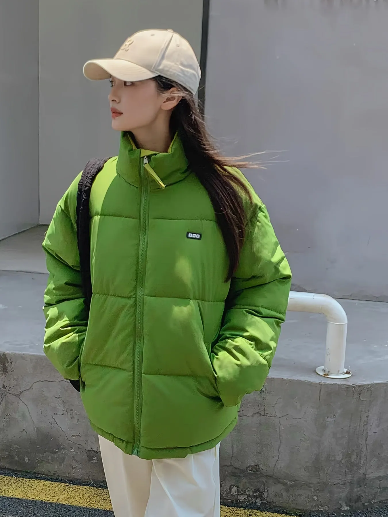 Womens Solid Color Stand Collar Puffer Jacket  Warm  Stylish