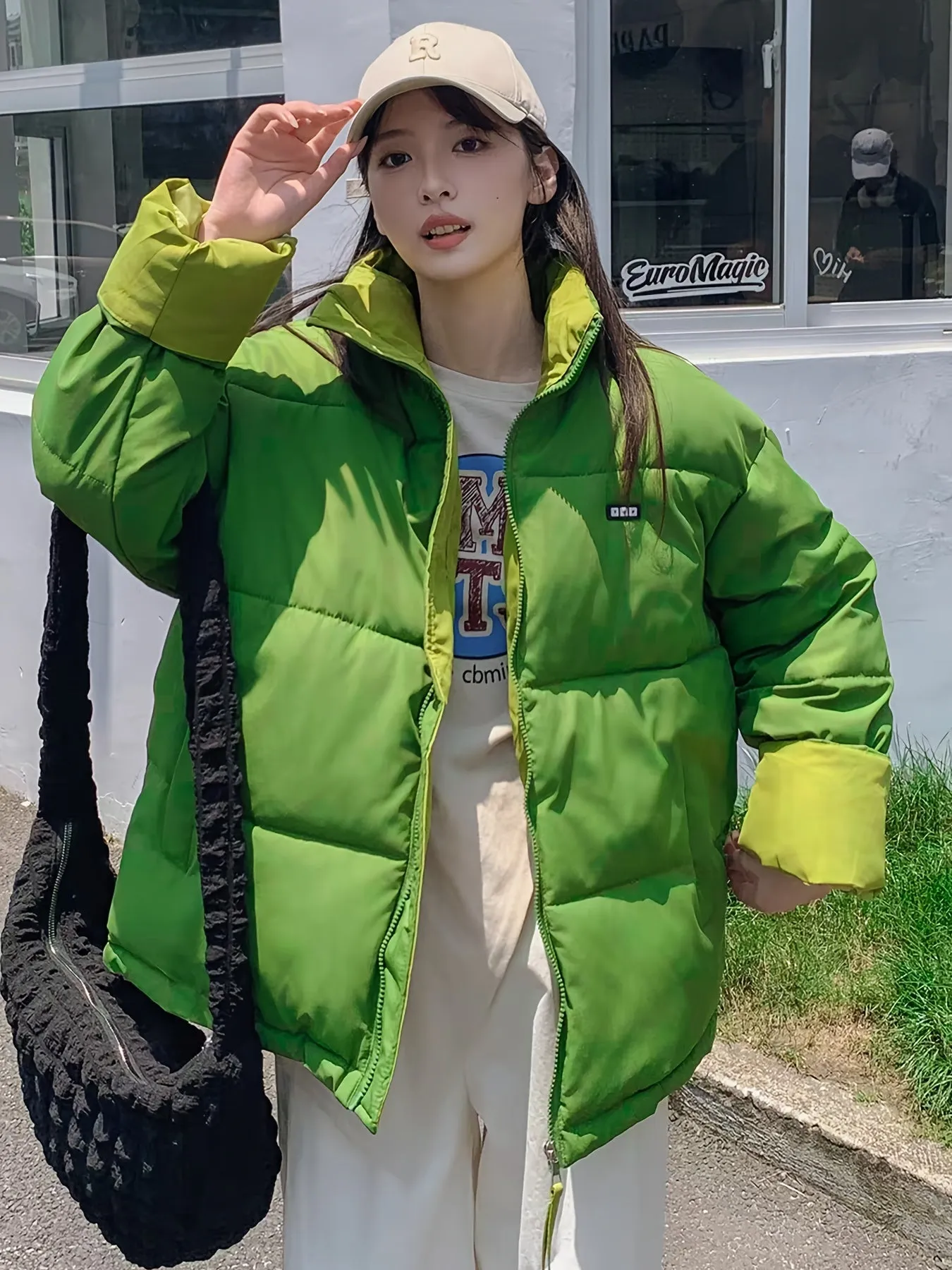 Womens Solid Color Stand Collar Puffer Jacket  Warm  Stylish