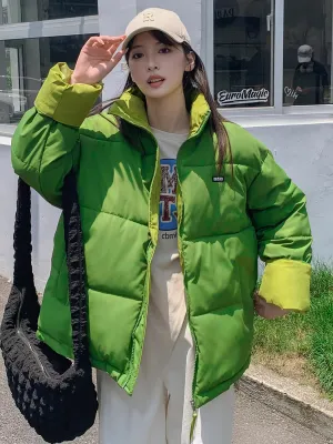 Womens Solid Color Stand Collar Puffer Jacket  Warm  Stylish