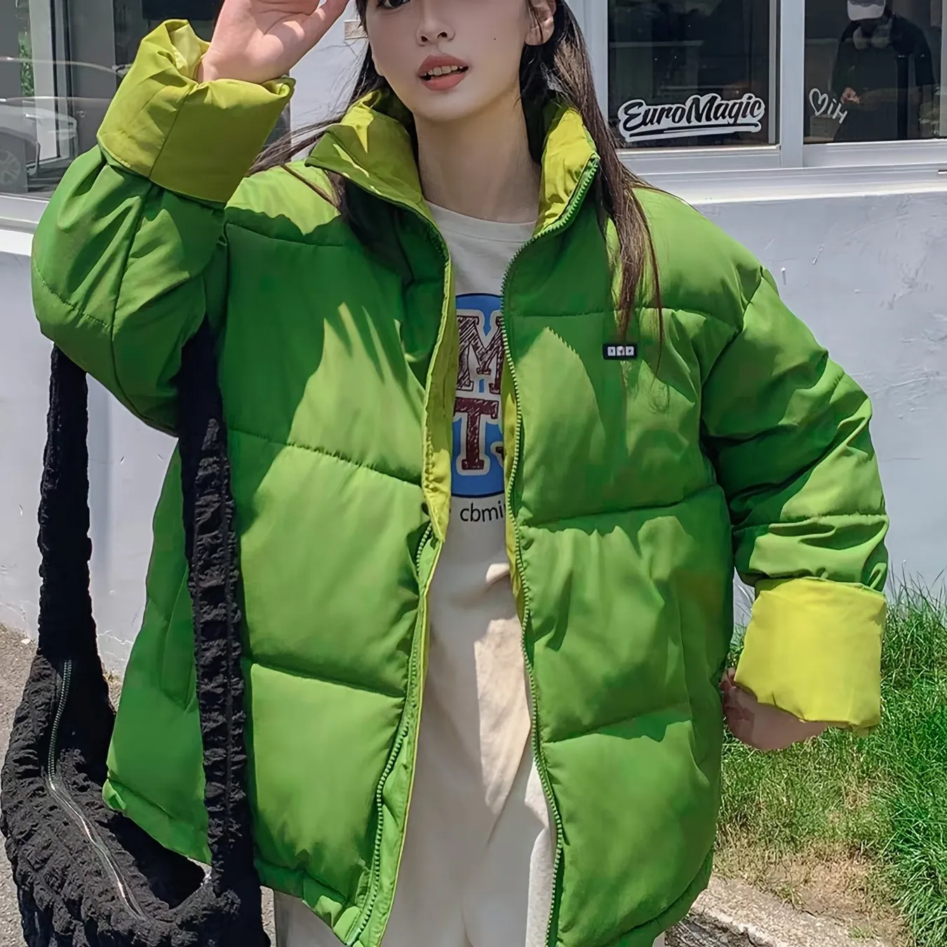 Womens Solid Color Stand Collar Puffer Jacket  Warm  Stylish