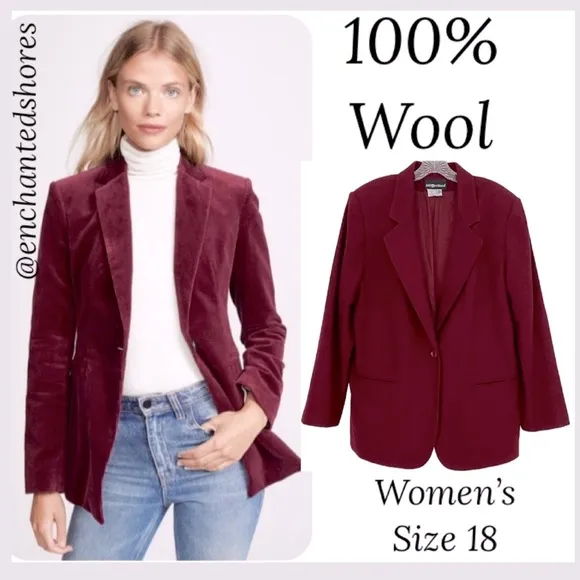 Wool Blazer Power Suit Dress Casual Coat Burgundy Wine Womens Plus Size 18