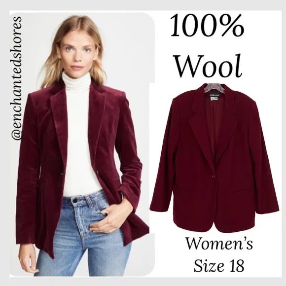 Wool Blazer Power Suit Dress Casual Coat Burgundy Wine Womens Plus Size 18