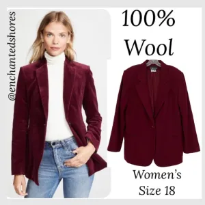 Wool Blazer Power Suit Dress Casual Coat Burgundy Wine Womens Plus Size 18