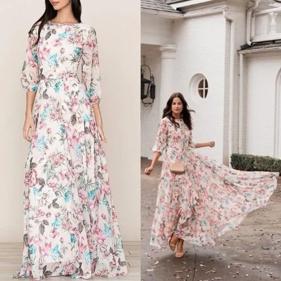 Yumi Kim Full‎ of Love Blush Floral Print 3/4 Sleeve Woodstock Maxi Dress S NEW